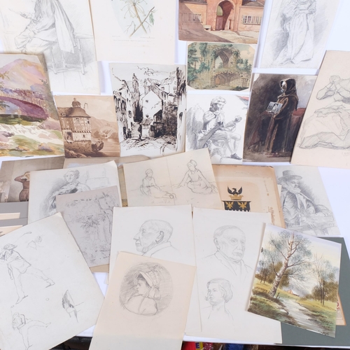 84 - A collection of 19th and early 20th century pencil drawings and watercolours, together with 19th cen... 