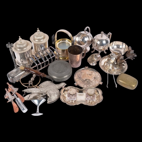 555 - Various silver plate, including set of stacking ashtrays, inkstand, tobacco jars, etc