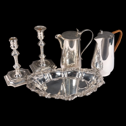 558 - Various silver plate, including pair of Elkington & Co table candlesticks, Aesthetic Movement wicker... 