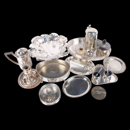 561 - Various silver plate, including George III navette table dish, set of 6 hat place name holders, cham... 