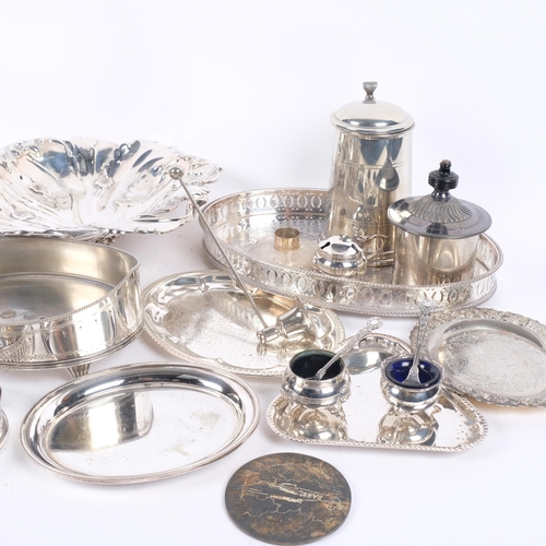 561 - Various silver plate, including George III navette table dish, set of 6 hat place name holders, cham... 