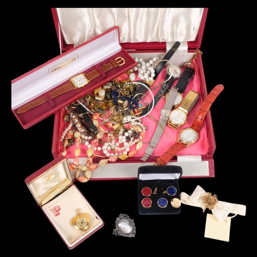 566 - Various Vintage costume jewellery, including Smiths Deluxe marcasite wristwatch, silver ring, etc