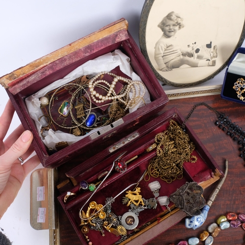 573 - A quantity of Antique jewellery, including Georgian belcher link long guard chain, filigree posy hol... 