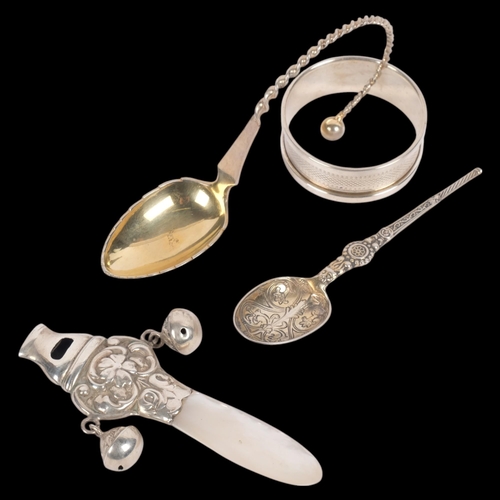 575 - Various silver, including mother-of-pearl handled baby's rattle/whistle, anointing spoon, etc