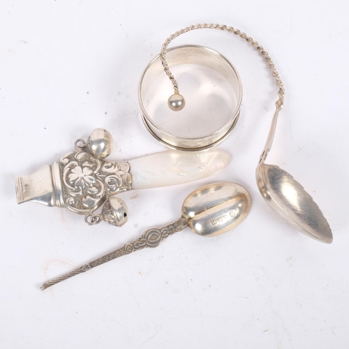 575 - Various silver, including mother-of-pearl handled baby's rattle/whistle, anointing spoon, etc