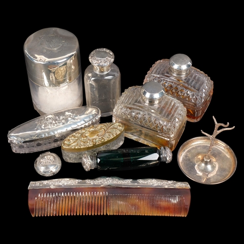 582 - Various silver, including Victorian green glass double-ended scent bottle, ring tree, toilet jars, e... 