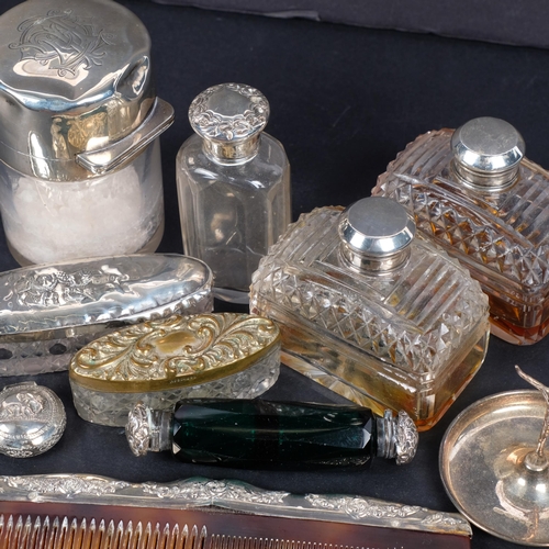 582 - Various silver, including Victorian green glass double-ended scent bottle, ring tree, toilet jars, e... 