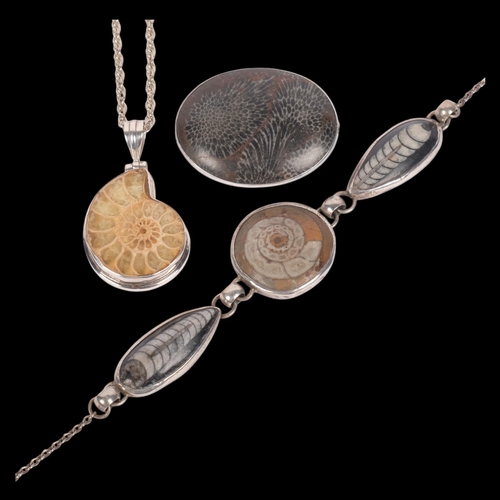 588 - 3 pieces of silver and fossil jewellery, comprising 2 necklaces and 1 brooch