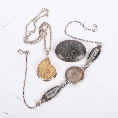 588 - 3 pieces of silver and fossil jewellery, comprising 2 necklaces and 1 brooch