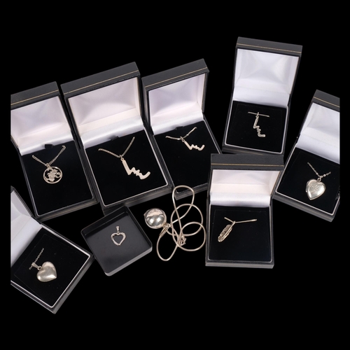 591 - 8 silver pendant necklaces, including heart and locket examples