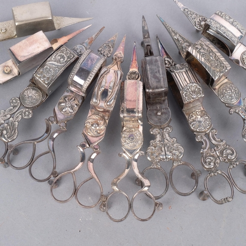 1047 - 10 Antique candle snuffers , steel and silver plated with some embossed examples