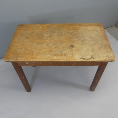 2314 - A teak top kitchen table. Length 107cm, height 77cm, width 61cm.