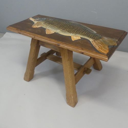 2315 - A hand made pine occasional table, painted with fish design to top. Length 91cm, height 48cm, width ... 