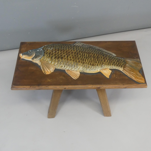 2315 - A hand made pine occasional table, painted with fish design to top. Length 91cm, height 48cm, width ... 