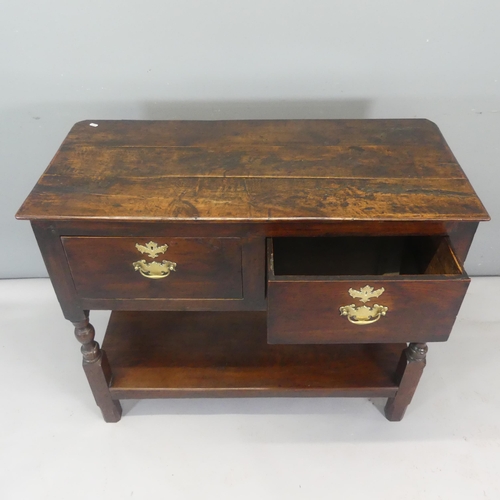 2317 - An antique oak Georgian style two-tier dresser base with two drawers. Width 114cm, height 93cm, dept... 