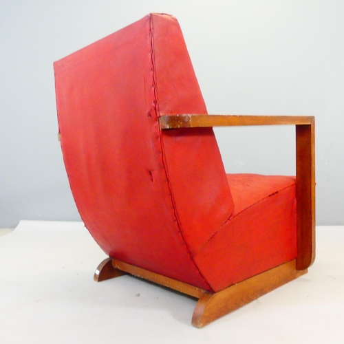 2407 - A stylish 1930s French Art Deco red leather lounge chair with geometric wooden arms.