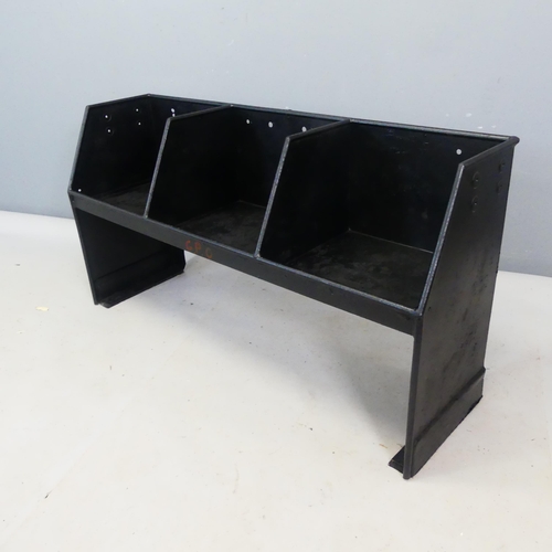 2434 - A metal three section parts bin, provided with upholstered cushions suitable as a child's bench. Len... 