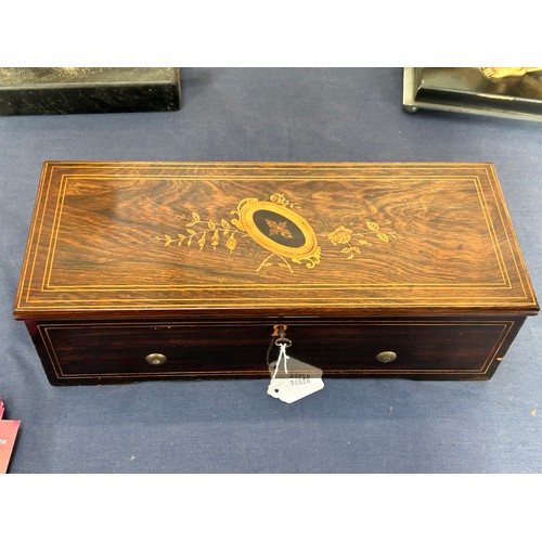 53 - A Swiss 19th century musical box, rosewood and marquetry inlaid case, playing 4 airs on a 21cm cylin... 