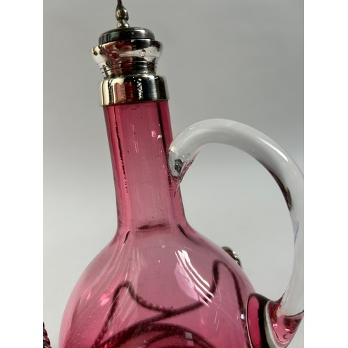 10 - A Victorian silver plated cranberry glass 2-decanter set on stand, by Roberts & Belk, stand height 2... 