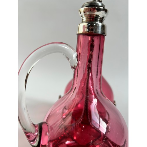 10 - A Victorian silver plated cranberry glass 2-decanter set on stand, by Roberts & Belk, stand height 2... 