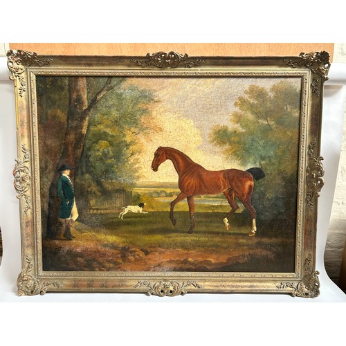 52 - A portrait of a horse and gentleman in landscape, modern oil on board, in ornate gilt frame, overall... 