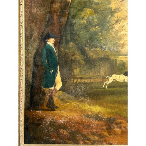 52 - A portrait of a horse and gentleman in landscape, modern oil on board, in ornate gilt frame, overall... 