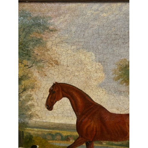 52 - A portrait of a horse and gentleman in landscape, modern oil on board, in ornate gilt frame, overall... 