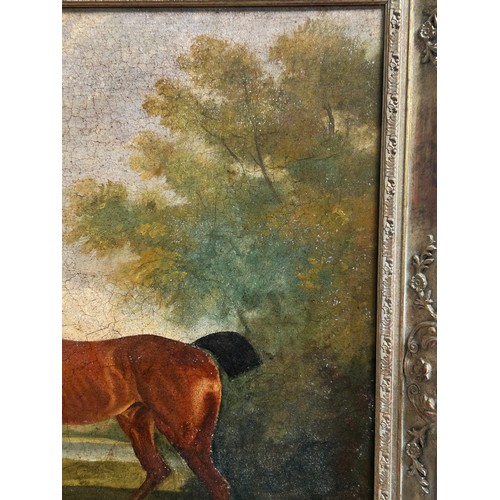 52 - A portrait of a horse and gentleman in landscape, modern oil on board, in ornate gilt frame, overall... 