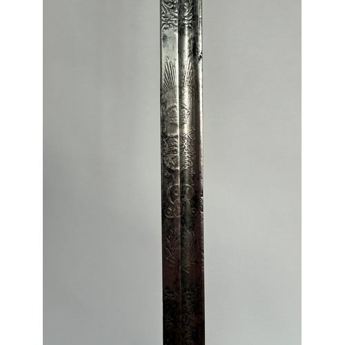 44 - George VI Cavalry Officer's sword, with engraved bowl hilt, etched blade with cipher and initials WP... 