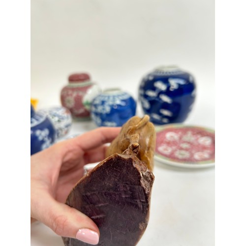125 - A Chinese blue and white porcelain prunus pattern ginger jars, a soapstone water buffalo, 13cm, etc