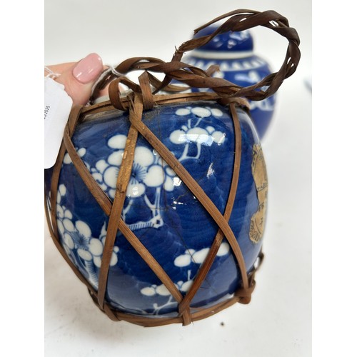 128 - 7 Chinese blue and white porcelain prunus pattern ginger jars and covers, largest 15cm