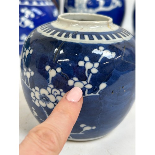 128 - 7 Chinese blue and white porcelain prunus pattern ginger jars and covers, largest 15cm