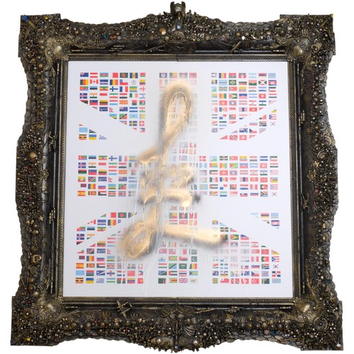 Tim Ruth, British Bulldogs, from "Hope-Free: The Writings on the Wall" series, mixed media, spray paint over printed flags, in a unique intricate handmade frame by David Apps decorated with aircraft soldiers chains and pearls, overall frame dimensions 110cm x 102cm