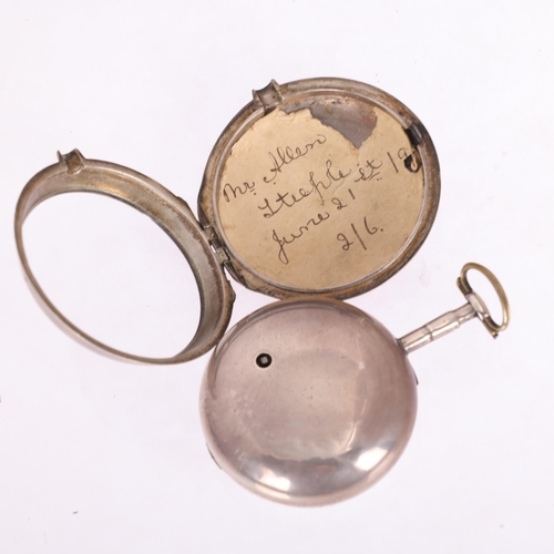 1056 - A late 18th century silver pair-case open-face key-wind verge pocket watch, by William Arwen of Hudd... 