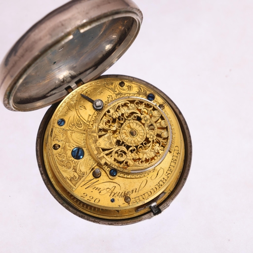 1056 - A late 18th century silver pair-case open-face key-wind verge pocket watch, by William Arwen of Hudd... 