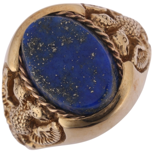 A 9ct gold lapis lazuli 'Double Headed Eagle' signet ring, maker SJ ...