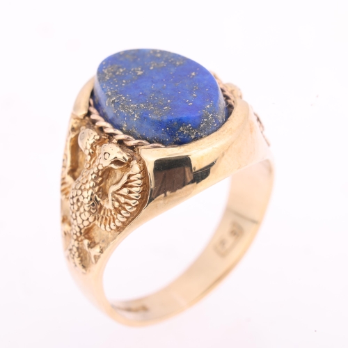 A 9ct gold lapis lazuli 'Double Headed Eagle' signet ring, maker SJ ...