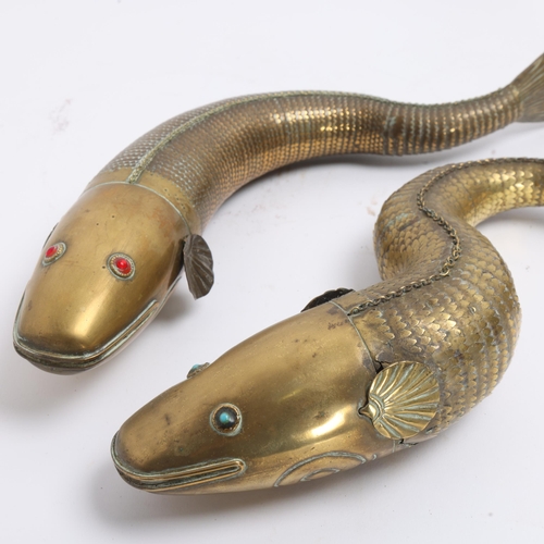 A pair of Indian brass Medina fish, articulated form, with gem set eyes ...
