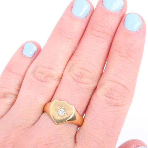 An 18ct gold diamond shield signet ring, maker JH, Chester 1912, star ...