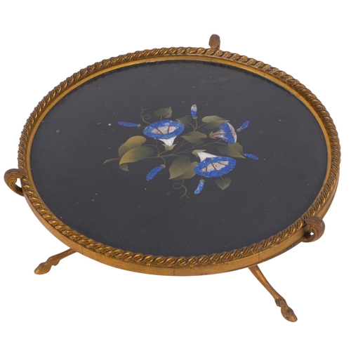 A 19th century Italian Grand Tour Pietra Dura tazza, gilt-bronze Neo-Classical tripod stand with hoof feet, diameter 25cm, height 12cm