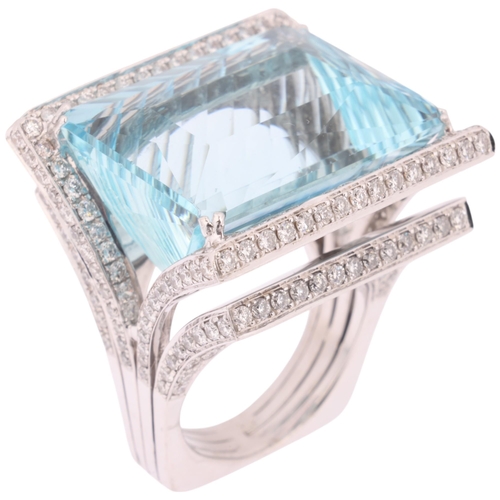 CERRONE - an 18ct white gold aquamarine and diamond dress ring, centrally set with 29.59ct rectangular checkerboard-cut aquamarine surrounded by modern round brilliant-cut diamonds, on multi-band shank, total diamond content approx 3.86ct, colour G-H, clarity VS-SI, setting height 22.7mm, size L, 25g, boxed with original insurance valuation dated 2022
