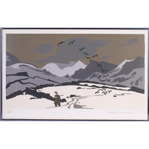 Kyffin Williams (1918 - 2006) Pontlyfini in snow, print, signed in pencil no. 103/150, plate 40cm x 73cm, framed, ARR