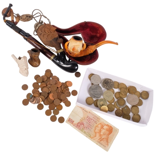 475 - A box of interesting Antique items, to include a Black Forest style tobacco smoking pipe, with an un... 