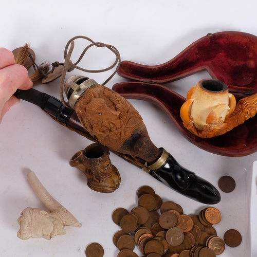 475 - A box of interesting Antique items, to include a Black Forest style tobacco smoking pipe, with an un... 
