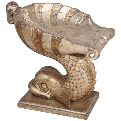 A mid 20th century Italian Grotto chair, with shell seat on fish support, carved wood with silver gesso finish, no makers marks, height 63cm, width 49cm, depth 60cm