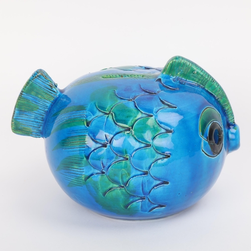 2 - Aldo Londi for Bitossi, Italy, a ceramic fish money box, in Rimini blue glaze, marked to base T57 IT... 