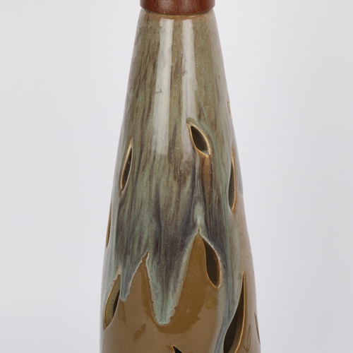 54 - A mid 20th century ceramic and teak lamp, ceramic with cut leaf and overglaze decoration, no makers ... 