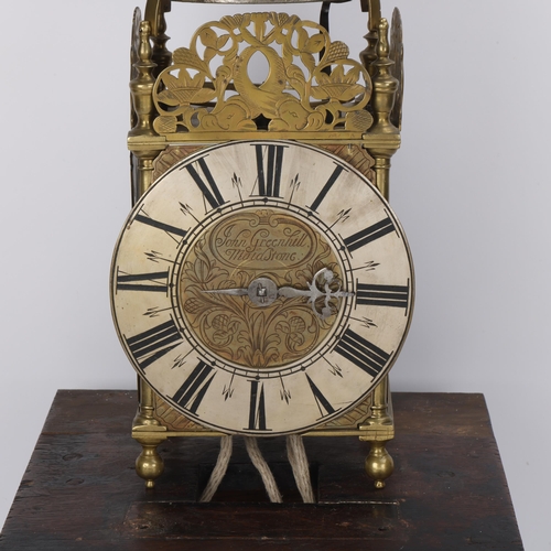 305 - A 17th century brass lantern clock, by John Greenhill of Maidstone, circa 1680, horizontal balance w... 