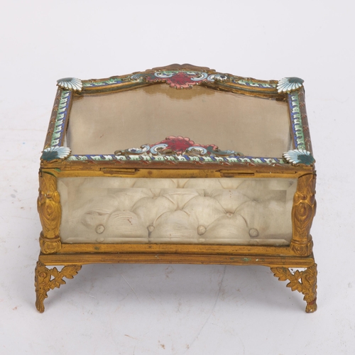 318 - A 19th century French gilt-bronze vitrine casket, champleve enamel decorated lid with serpentine fro... 