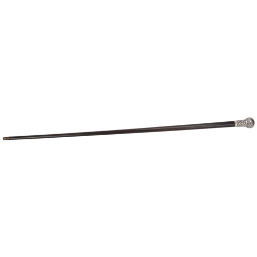 343 - An Edwardian ebony walking cane, with large embossed silver top, hallmarks London 1910